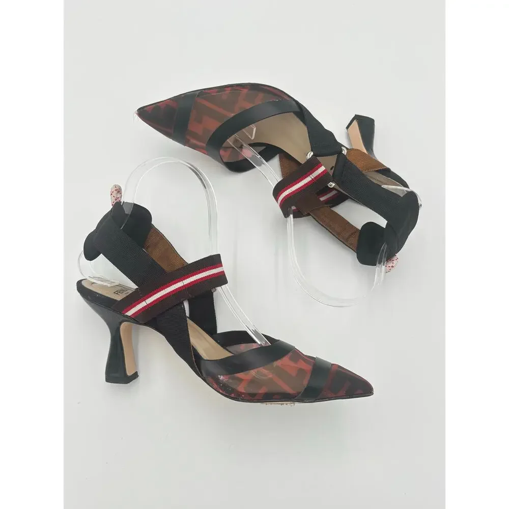 Fendi Colibri FF Monogram Mesh Slingback Kitten Heels Zucca Brown Pumps Size 39